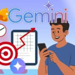 Mão saindo de um telefone segurando um cartão Gemini, com ícones de raios, brilhos e uma lâmpada ao redor