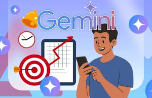 7 maneiras inesperadas de usar o Gemini além do chat Mão saindo de um telefone segurando um cartão Gemini, com ícones de raios, brilhos e uma lâmpada ao redor
