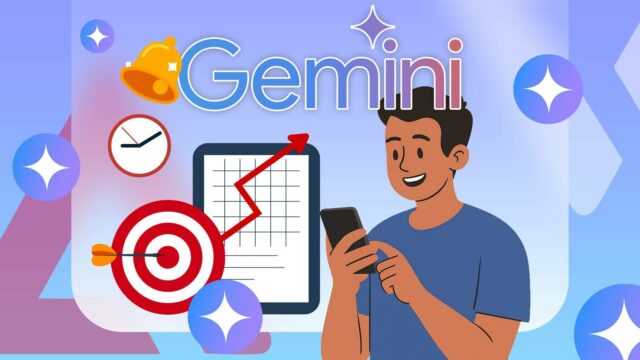 Mão saindo de um telefone segurando um cartão Gemini, com ícones de raios, brilhos e uma lâmpada ao redor