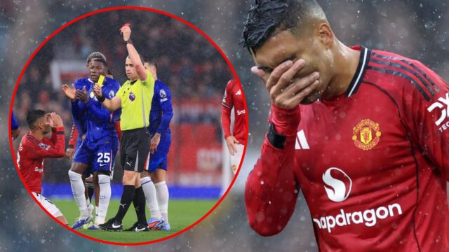 Casemiro reage durante a partida da Premier League entre o Manchester United e o Chelsea em Old Trafford em 2025 em Manchester, Inglaterra.