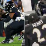 Derrick Henry cai no banco depois de bater o capacete à margem, seguindo um fumble contra os leões.
