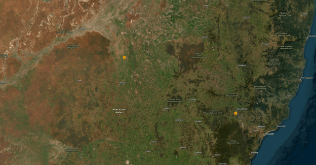 Os epicentros de dois terremotos em Nova Gales do Sul em 16 de setembro de 2025.
