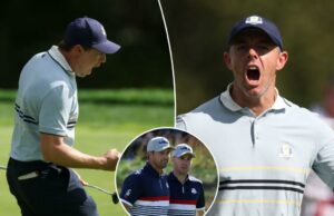 Equipe Europa dominando os americanos no início da Crowding Silenciing Ryder Cup Equipe Europa dominando os americanos no início da Crowding Silenciing Ryder Cup