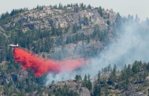 Esse vermelho resistente é vital na batalha contra os incêndios florestais. No entanto, isso também está danificando a configuração? Uma área residencial com um primeiro plano rochoso manchado de vermelho.