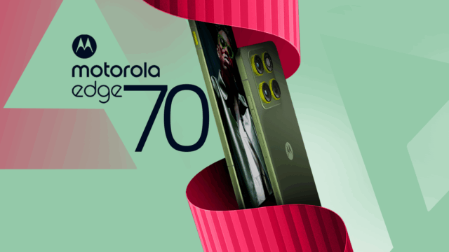 Telefone de borda Grey Samsung Galaxy em fundo bege