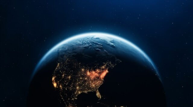 3D Render of Planet Earth with Clouds and Cities Lights. Planet Earth maps courtesy of NASA: https://visibleearth.nasa.gov/images/144875/earth-at-night-black-marble-2012-color-maps-v2.
