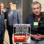 Gavin Newsom se senta com o ativista conservador de 31 anos, Charlie Kirk, fundador e presidente da organização estudantil de direita Turning Point USA em uma entrevista postada no YouTube em 6 de março de 2025.
