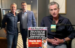 Gavin Newsom rasgou uma chamada recente para ‘Fight’ Republicans: ‘Isso foi ruim na época e é pior hoje’ Gavin Newsom se senta com o ativista conservador de 31 anos, Charlie Kirk, fundador e presidente da organização estudantil de direita Turning Point USA em uma entrevista postada no YouTube em 6 de março de 2025.