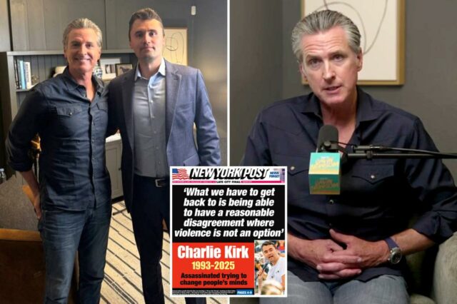Gavin Newsom se senta com o ativista conservador de 31 anos, Charlie Kirk, fundador e presidente da organização estudantil de direita Turning Point USA em uma entrevista postada no YouTube em 6 de março de 2025.