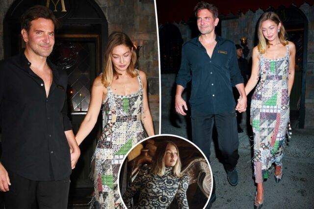 Gigi Hadid segura as mãos com Bradley Cooper enquanto eles celebram sua capa da Vogue em Nova York

