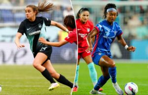 Gotham FC negocia Nealy Martin um dia após o recorde Jaedyn Shaw Add O meio -campista do Gotham FC Nealy Martin (14) disputando a bola contra o meio -campista da Carolina do Norte Shinomi Koyama (20) durante um jogo de futebol da NWSL.