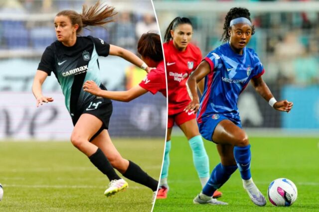 O meio -campista do Gotham FC Nealy Martin (14) disputando a bola contra o meio -campista da Carolina do Norte Shinomi Koyama (20) durante um jogo de futebol da NWSL.
