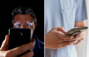 Grupo grotesco do FB de 32.000 homens que compartilham nus não consensuais de suas esposas foram fechados Close-up de um homem olhando intensamente para o telefone.