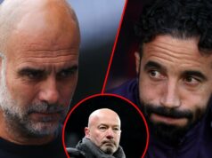 Guy City vs Guy Utd tem Alan Shearer e Chris Sutton antecipando o mesmo resultado, destacado a ‘personalidade’ da Celebridade Vital O gerente da cidade de Manchester, Pep Guardiola, durante a partida da Premier League entre o Manchester City e o Tottenham Hotspur no Etihad Stadium em 2025 em Manchester, Inglaterra.
