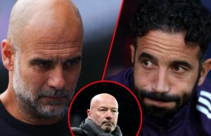 Guy City vs Guy Utd tem Alan Shearer e Chris Sutton antecipando o mesmo resultado, destacado a ‘personalidade’ da Celebridade Vital O gerente da cidade de Manchester, Pep Guardiola, durante a partida da Premier League entre o Manchester City e o Tottenham Hotspur no Etihad Stadium em 2025 em Manchester, Inglaterra.