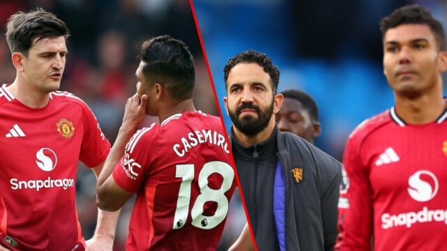 Harry Maguire fala com o companheiro de equipe Casemiro durante a partida da Premier League entre o Manchester United e o Aston Villa em Old Trafford em 2025 em Manchester, Inglaterra.