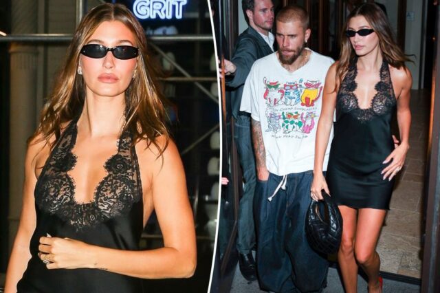 Hailey Bieber atordoa em Little Black Dress enquanto ela acozava Justin na festa de lançamento de 'Swag II'

