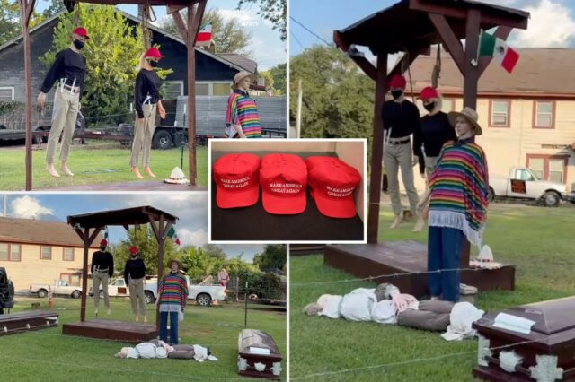 Halloween exibe faíscas de indignação por manequins linchados em chapéus vermelhos semelhantes a maga, bandeira mexicana

