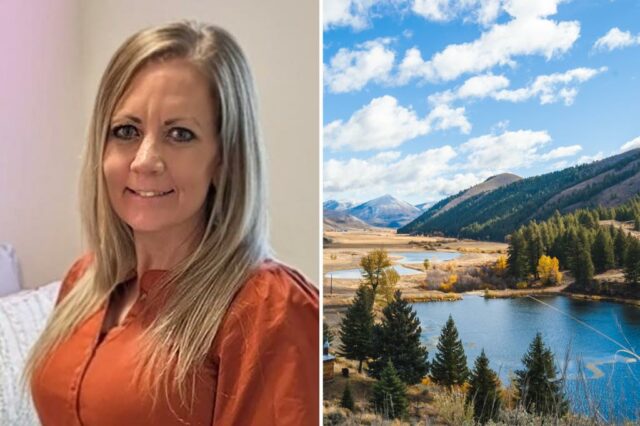 Hiker Heather Wayment em uma camisa laranja.
