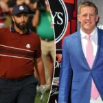 Jon Rahm comemora com um punho levantado depois de jogar o 8º buraco durante os quatro somos.