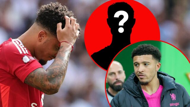 A assinatura do Aston Villa Summer, Jadon Sancho, parece desanimada no pênalti durante a partida do Shield Community de 2024 entre o Manchester United e o Manchester City no Wembley Stadium em 2024 em Londres, Inglaterra.