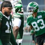 Jermaine Johnson olha durante o jogo Jets-Bills em 14 de setembro de 2025.