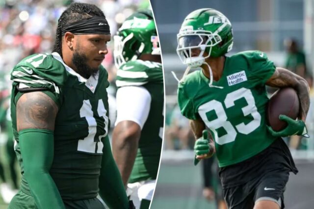 Jermaine Johnson olha durante o jogo Jets-Bills em 14 de setembro de 2025. 