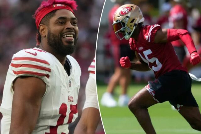 O wide receiver do San Francisco 49ers, Jauan Jennings (15), corre durante o treino no campo de treinamento de futebol da NFL da equipe, quarta -feira, 23 de julho de 2025, em Santa Clara, Califórnia. 