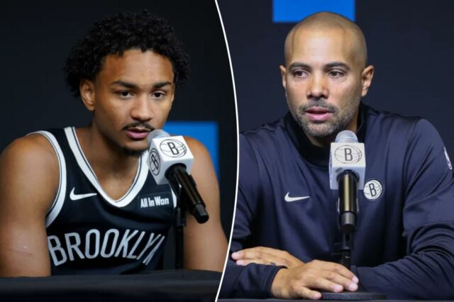 O guarda do Nets Kobe Bufkin fala com a mídia em 23 de setembro de 2025.