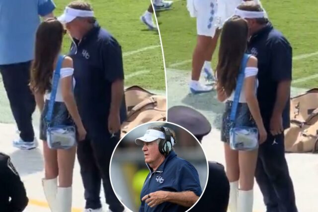 Jordon Hudson conversa com Bill Belichick na lateral antes da feia perda da Carolina do Norte para a UCF

