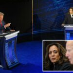 Kamala Harris e Donald Trump falam durante um debate presidencial no Centro Nacional de Constituição na Filadélfia, Pensilvânia, em 10 de setembro de 2024.