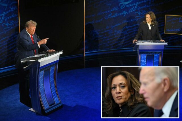 Kamala Harris e Donald Trump falam durante um debate presidencial no Centro Nacional de Constituição na Filadélfia, Pensilvânia, em 10 de setembro de 2024.
