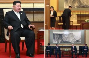 Kim Jong Un viajou para a China com o banheiro privado para proteger seu DNA – enquanto os funcionários viam cuidadosamente limpando após Putin Sitdown Kim Jong Un e Vladimir Putin sentados juntos.