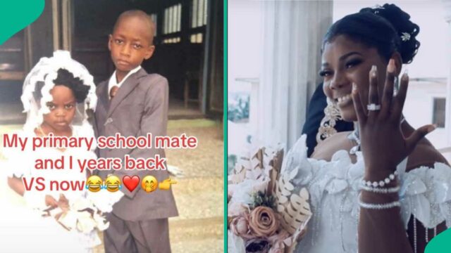 Lady Weds Weds Primary School Class Commation, compartilha sua foto Lady Weds Weds Primary School Class Commation, compartilha sua foto de retrocesso como Little Broide and Noivo