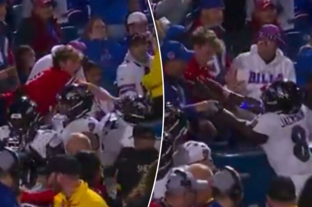 Lamar Jackson entra em escaramuça selvagem com o fã de Bills depois do TD de uma mão de DeAndre Hopkins

