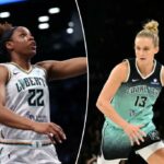 Leonie Fiebich lida com a bola durante o jogo contra o Las Vegas Aces em 13 de agosto de 2025 no Michelob Ultra Arena em Las Vegas, Nevada.