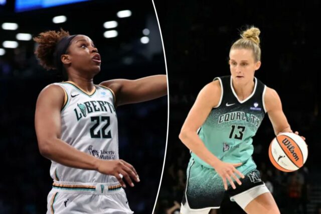Leonie Fiebich lida com a bola durante o jogo contra o Las Vegas Aces em 13 de agosto de 2025 no Michelob Ultra Arena em Las Vegas, Nevada.