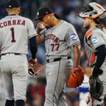O iniciante de Houston, Luis Garcia (Center), é visitado por companheiros de equipe antes de ser retirado do jogo no segundo turno devido ao desconforto do cotovelo durante a derrota por 4-3 do Astros e 10 para o Blue Jays em 9 de setembro de 2025.