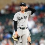 Luke Weaver reage durante o jogo Yankees-Twins em 15 de setembro de 2025.