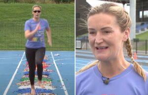 Mamãe se torna viral para ganhar recorde mundial atravessando uma faixa de legus descalço Gabrielle Wall ganhou o recorde mundial do Guinness por 100 metros descalços em tijolos de lego