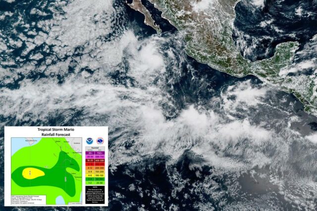 Mapa de previsão de chuvas de tempestade tropical Mario.