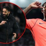 O estrela do Manchester United e da Inglaterra, Marcus Rashford, comemora depois de marcar a partida da Liga dos Campeões entre o Newcastle United e o Barcelona no St James 'Park em 2025 em Newcastle, em Tyne, Inglaterra.