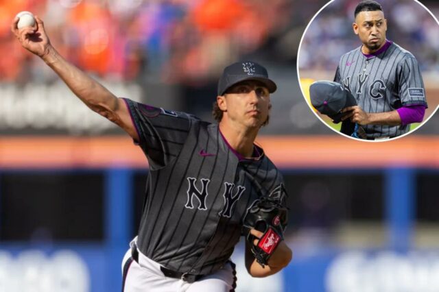 Brandon Sproat arremessos durante o jogo Mets-Rangers em 13 de setembro de 2025. 