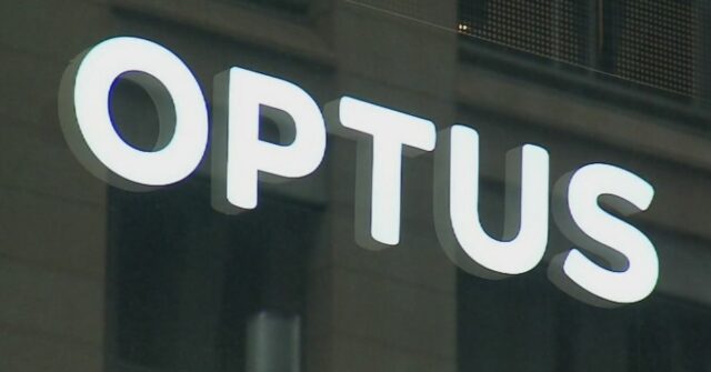 Uma foto de close-up de uma placa da loja Optus