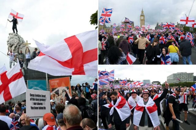 Milhares de manifestantes enxameiam Londres para a marcha anti-imigração e contra-protesto


