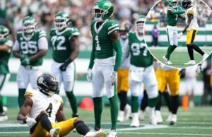 Molho Gardner desliga DK Metcalf enquanto sombreia a estrela do Steelers em jatos New Wrinkle O New York Jets Cornerback Soluce Gardner (#1) fica sobre um jogador do Pittsburgh Steelers em campo.