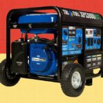 Gerador Duromax XP13000HX com um tanque de combustível e motor azul em uma estrutura preta.
