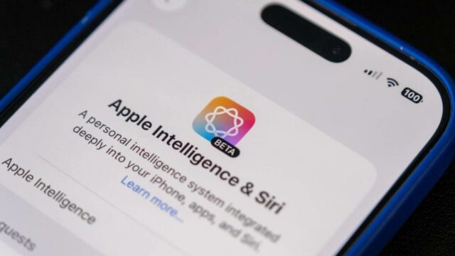 O logotipo da Apple contra um fundo preto, brilhando com um efeito cromo laranja e amarelo. Sob o logotipo estão as palavras 