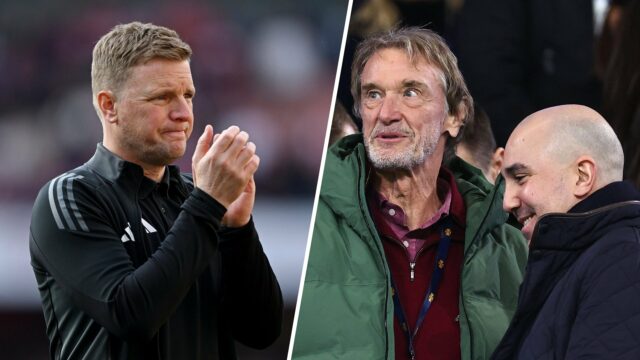 O chefe da INEOS, Sir Jim Ratcliffe, fala com o CEO do Manchester United, Omar Berrada, durante a partida da Premier League contra o Manchester City no Etihad Stadium em 2024.