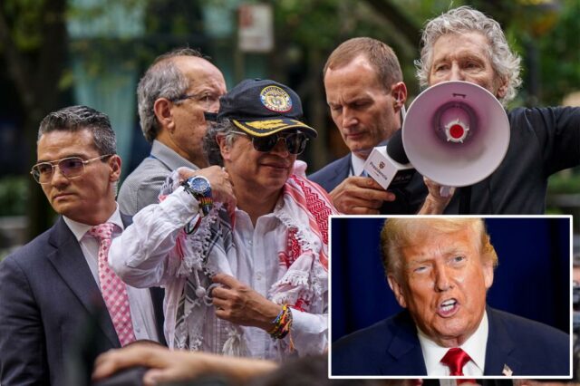 Nós para revogar o visto do presidente colombiano depois que ele instou as tropas a 'desobedecer' Trump no protesto de Nova York com Roger Waters  

